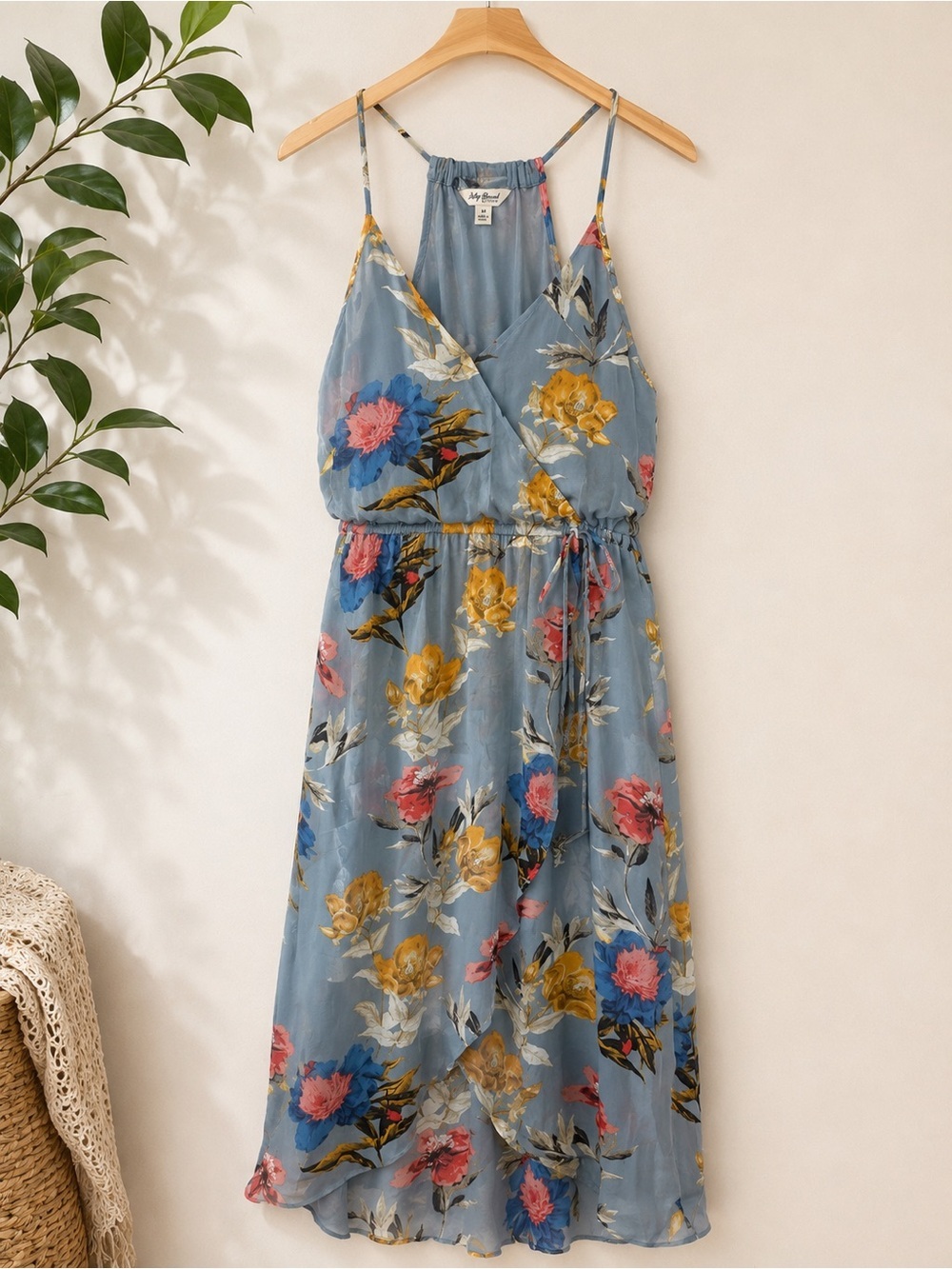 Lucky Brand Medium Blue Floral Wrap Midi Dress Boho